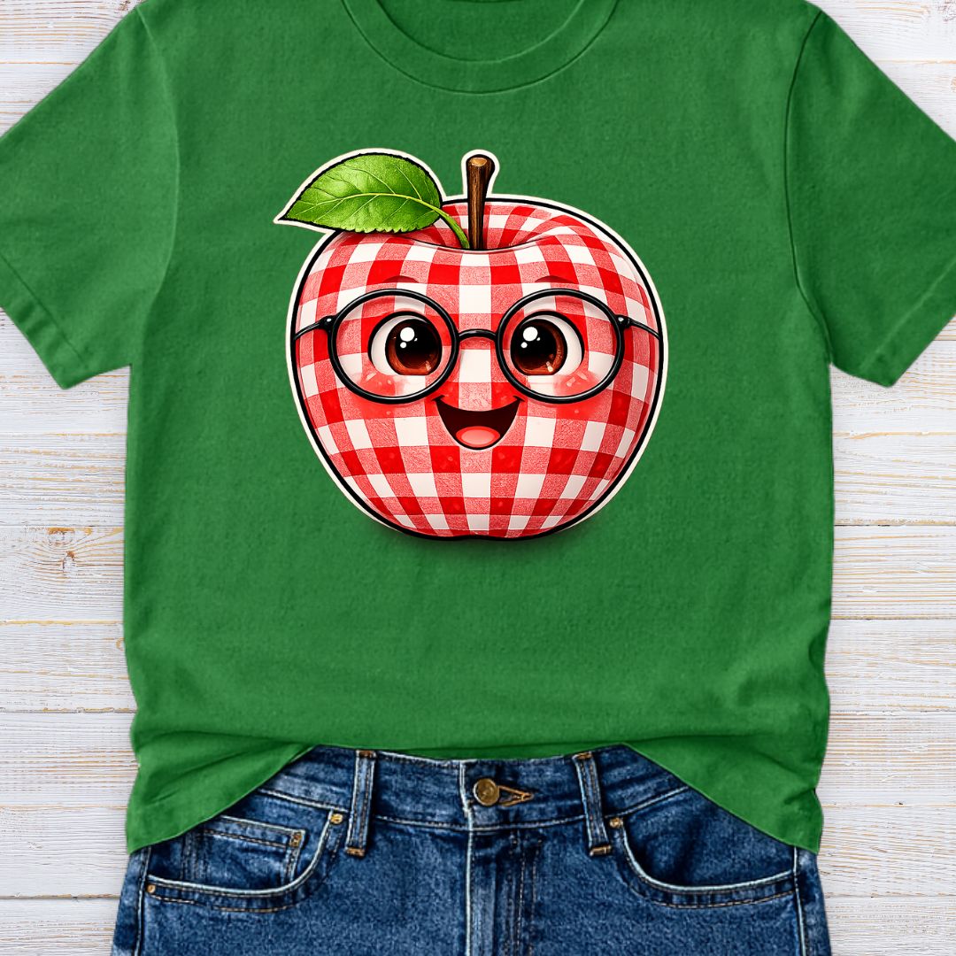 Gingham Apple with Glasses Teacher T-Shirt - teachngear