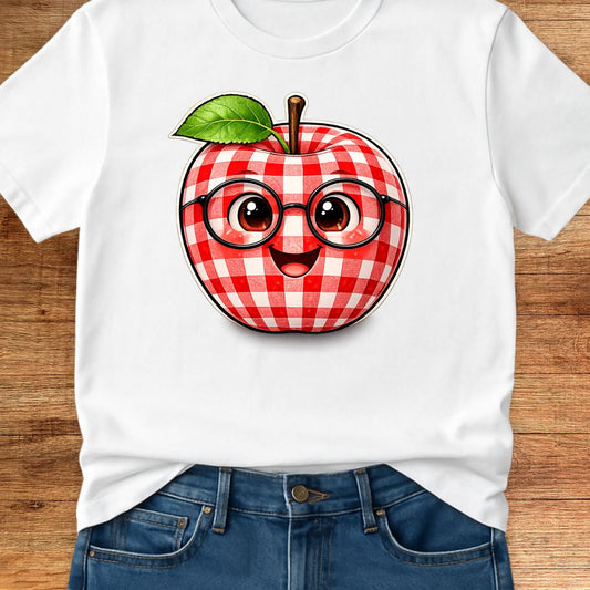 Gingham Apple with Glasses Teacher T-Shirt - teachngear