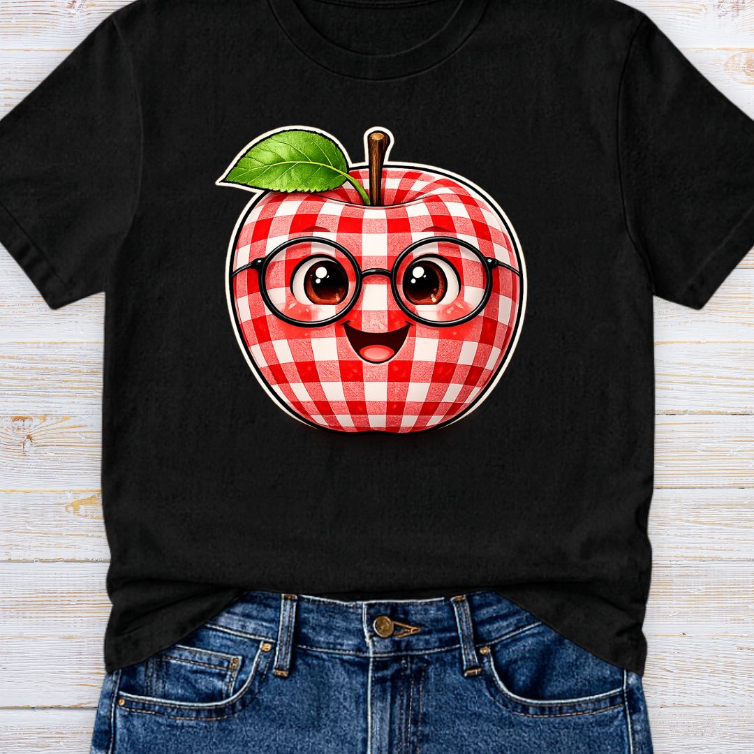 Gingham Apple with Glasses Teacher T-Shirt - teachngear
