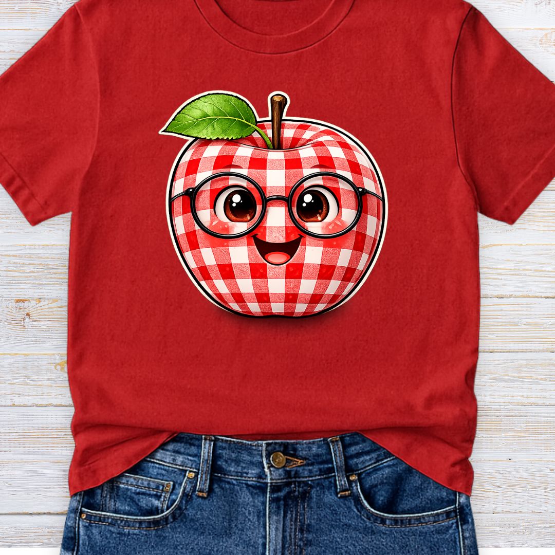 Gingham Apple with Glasses Teacher T-Shirt - teachngear