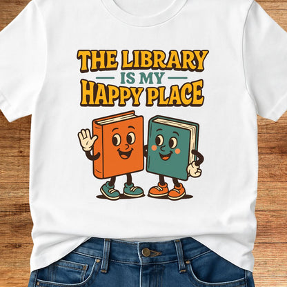 Library Happy Place Teacher T-Shirt - teachngear