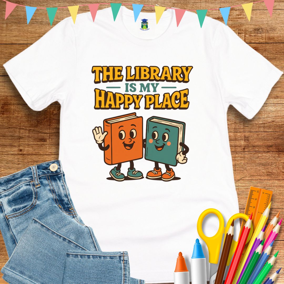 Library Happy Place Teacher T-Shirt - teachngear