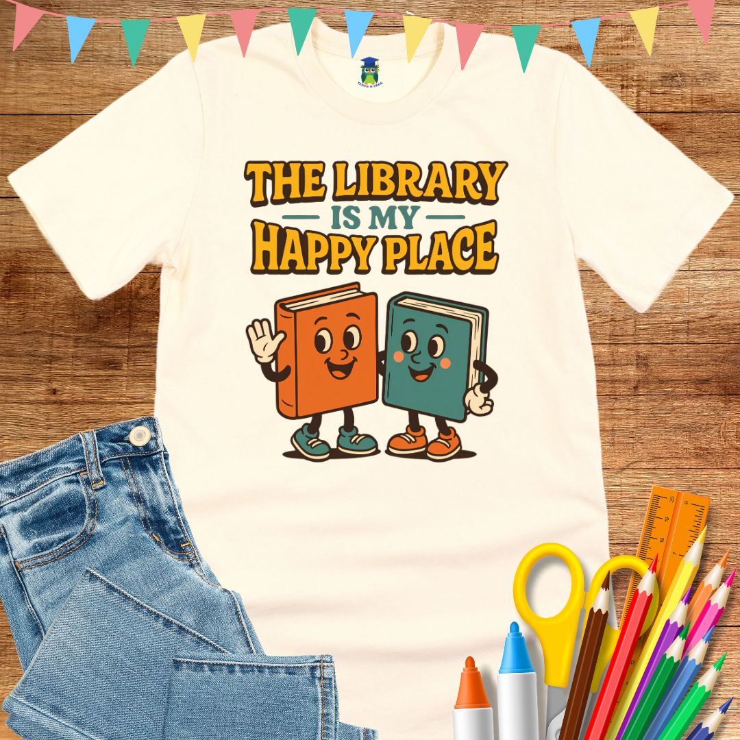 Library Happy Place Teacher T-Shirt - teachngear