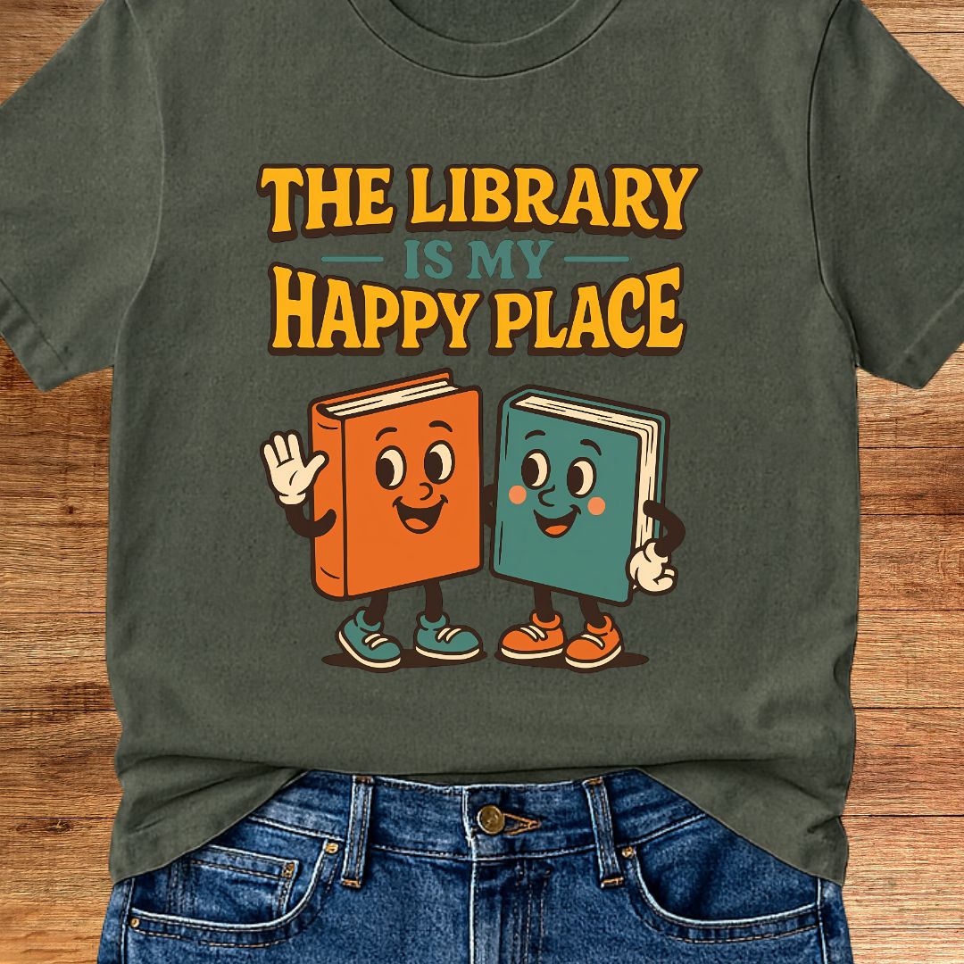 Library Happy Place Teacher T-Shirt - teachngear