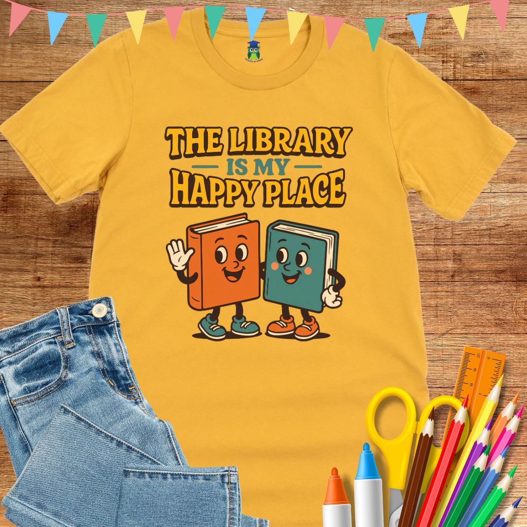 Library Happy Place Teacher T-Shirt - teachngear