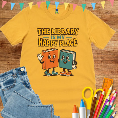 Library Happy Place Teacher T-Shirt - teachngear