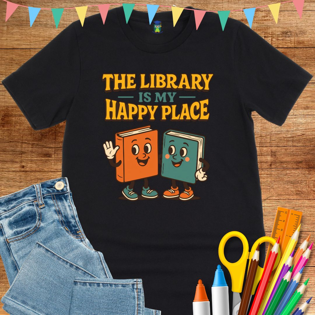 Library Happy Place Teacher T-Shirt - teachngear