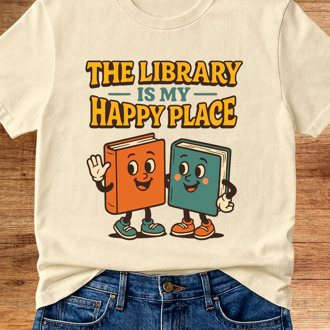 Library Happy Place Teacher T-Shirt - teachngear