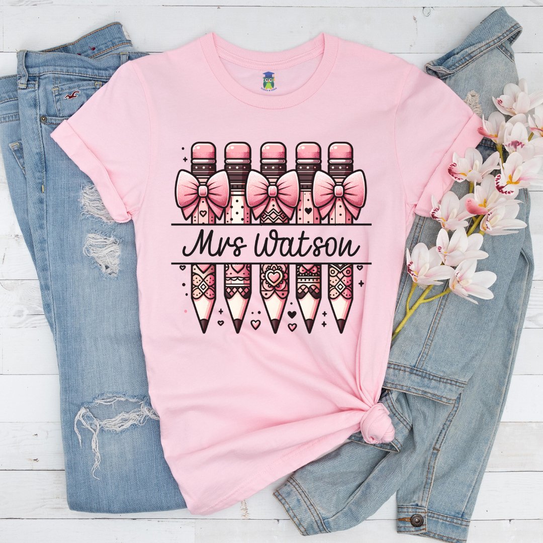 Personalized Pink Pencils Teacher Shirt - teachngear