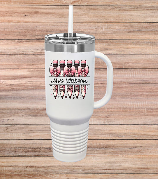 Personalized Pink Pencils Teacher Tumbler - teachngear