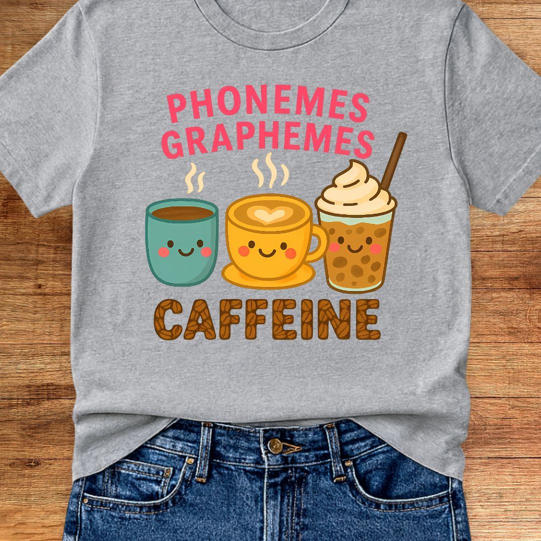 Phonemes, Graphemes, Caffeine Teacher T-Shirt - teachngear