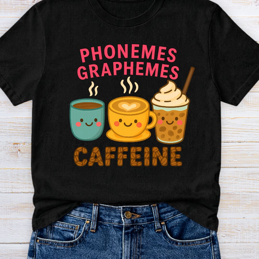 Phonemes, Graphemes, Caffeine Teacher T-Shirt - teachngear