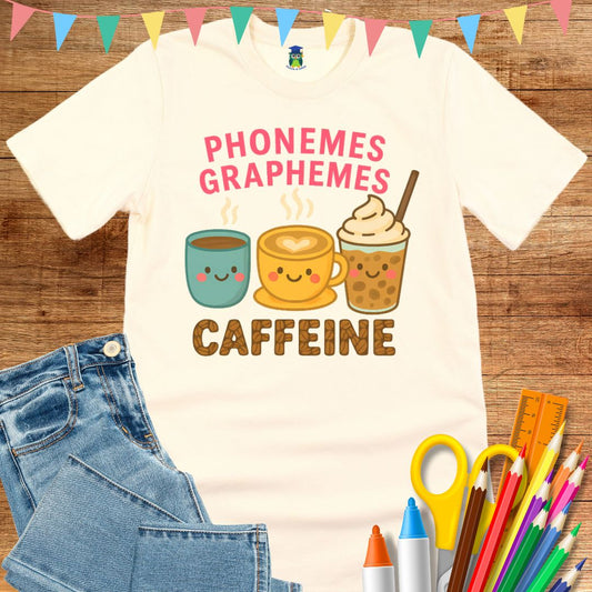 Phonemes, Graphemes, Caffeine Teacher T-Shirt - teachngear