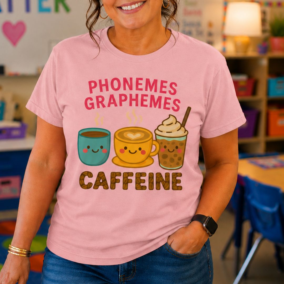 Phonemes, Graphemes, Caffeine Teacher T-Shirt - teachngear