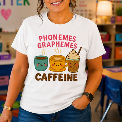 Phonemes, Graphemes, Caffeine Teacher T-Shirt - teachngear