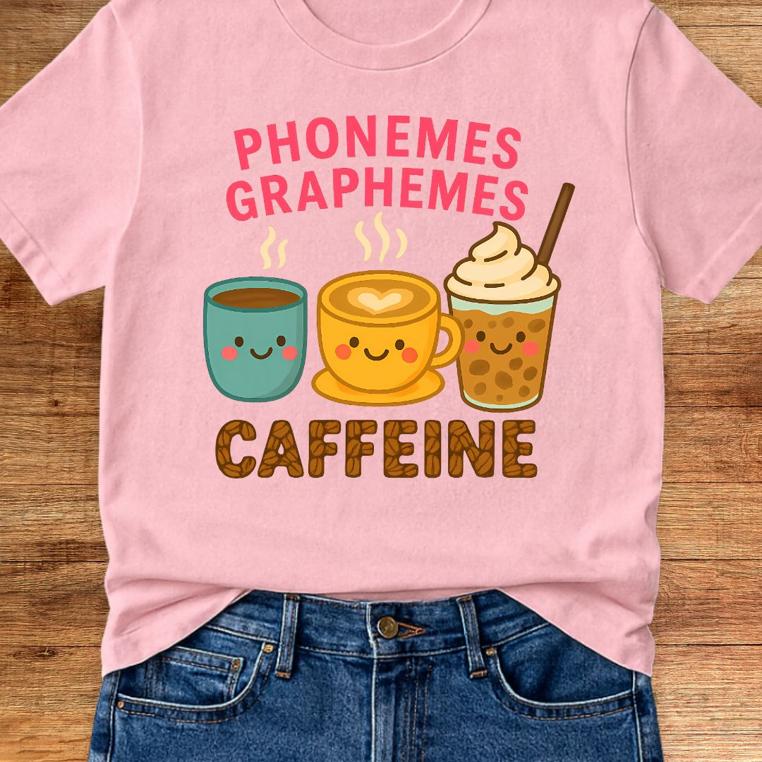 Phonemes, Graphemes, Caffeine Teacher T-Shirt - teachngear