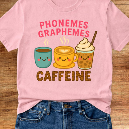 Phonemes, Graphemes, Caffeine Teacher T-Shirt - teachngear