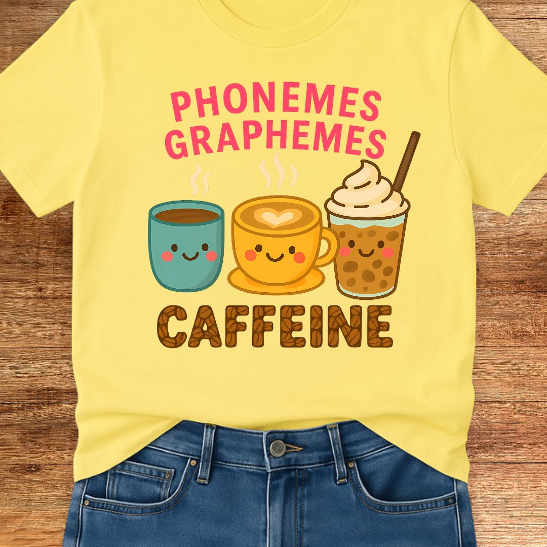 Phonemes, Graphemes, Caffeine Teacher T-Shirt - teachngear