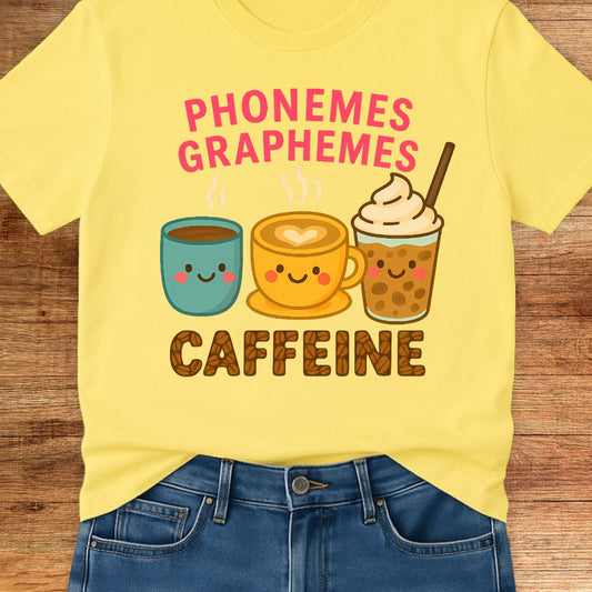 Phonemes, Graphemes, Caffeine Teacher T-Shirt - teachngear