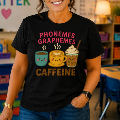 Phonemes, Graphemes, Caffeine Teacher T-Shirt - teachngear