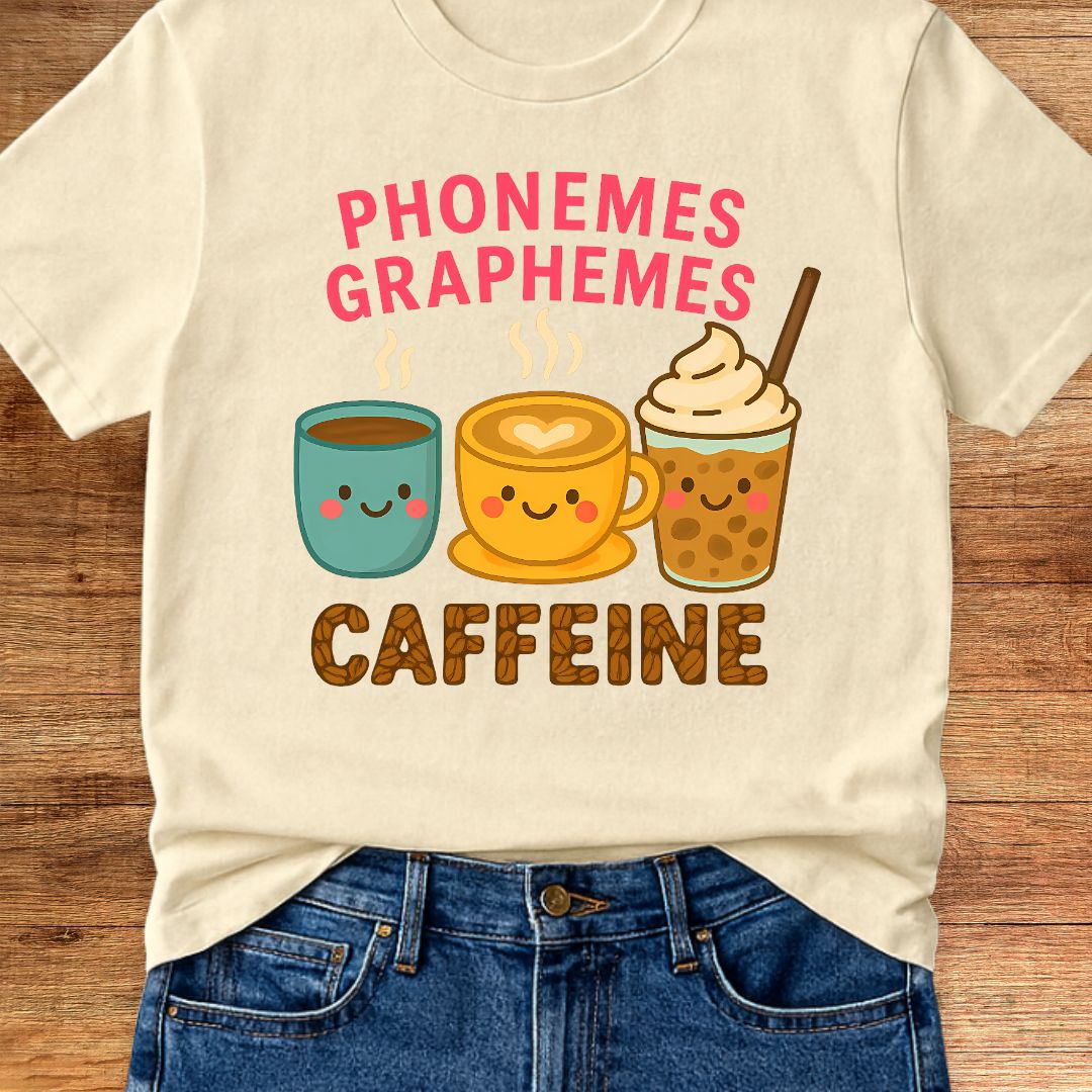 Phonemes, Graphemes, Caffeine Teacher T-Shirt - teachngear