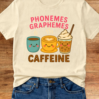 Phonemes, Graphemes, Caffeine Teacher T-Shirt - teachngear
