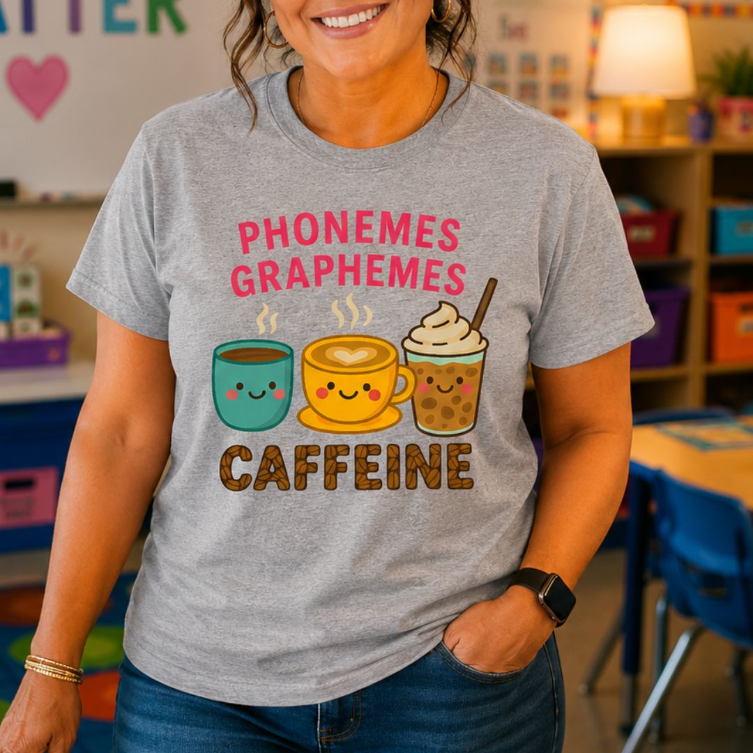 Phonemes, Graphemes, Caffeine Teacher T-Shirt - teachngear