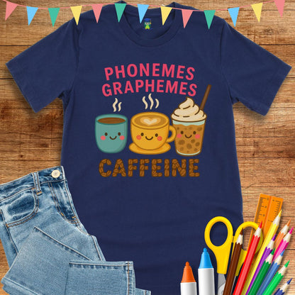 Phonemes, Graphemes, Caffeine Teacher T-Shirt - teachngear