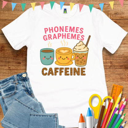 Phonemes, Graphemes, Caffeine Teacher T-Shirt - teachngear