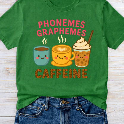 Phonemes, Graphemes, Caffeine Teacher T-Shirt - teachngear