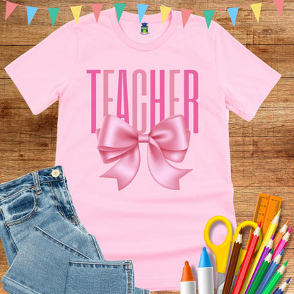 Pink Bow Teacher T-Shirt - teachngear