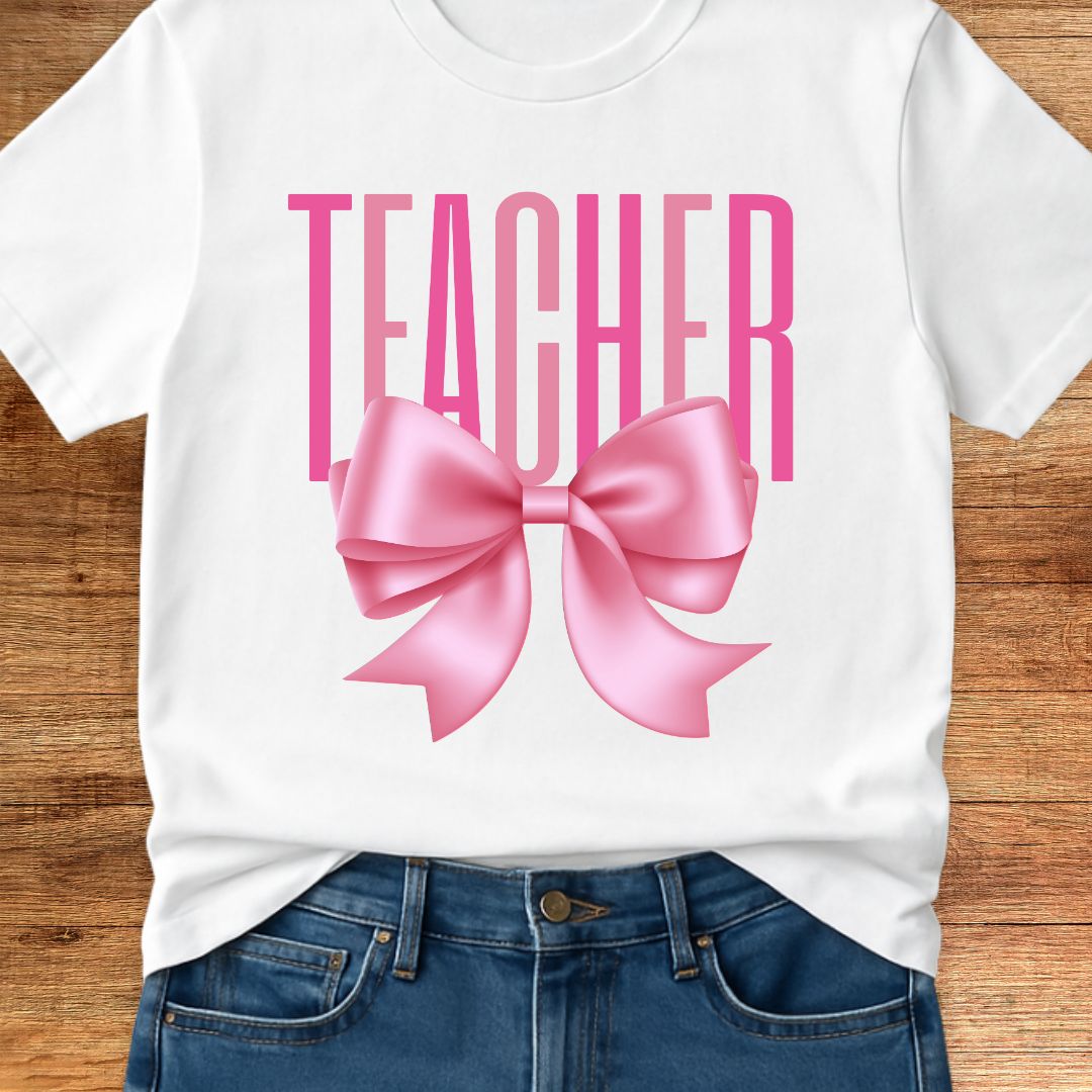 Pink Bow Teacher T-Shirt - teachngear