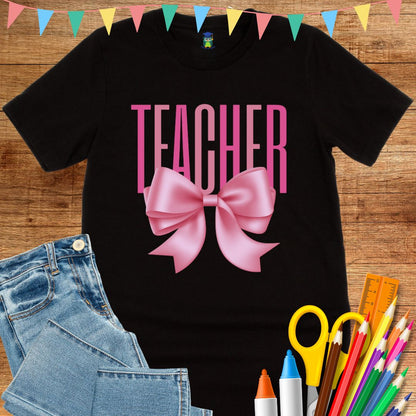 Pink Bow Teacher T-Shirt - teachngear