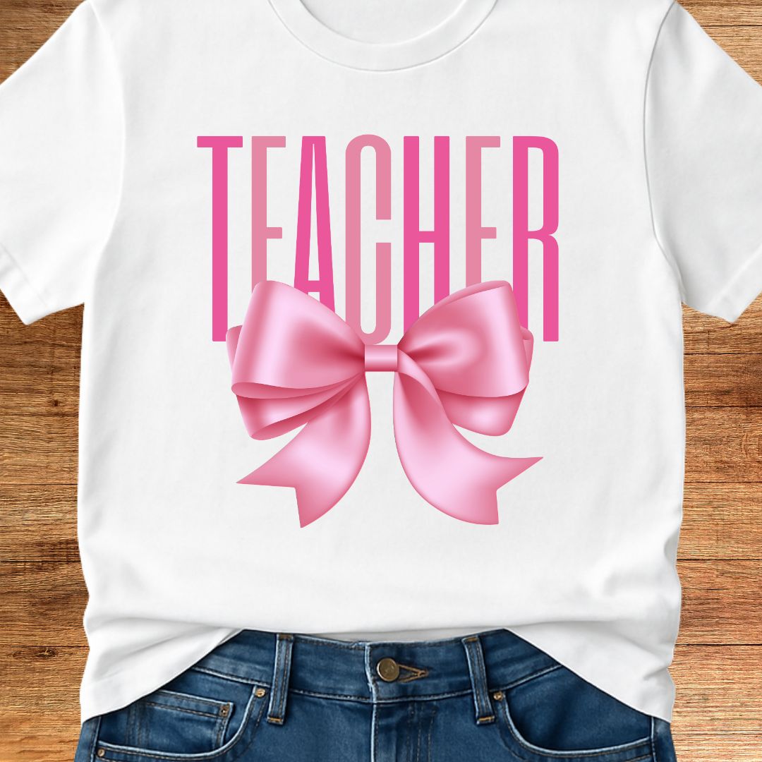 Pink Bow Teacher T-Shirt - teachngear
