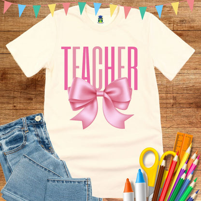 Pink Bow Teacher T-Shirt - teachngear