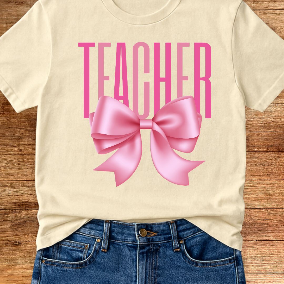 Pink Bow Teacher T-Shirt - teachngear