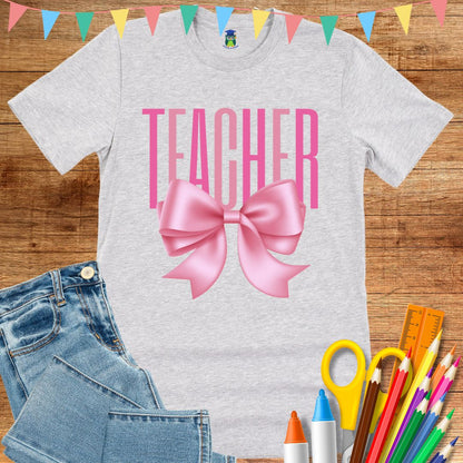 Pink Bow Teacher T-Shirt - teachngear