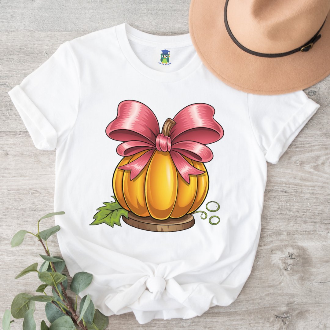 Pumpkin with Bow Halloween Teacher Shirt - teachngear