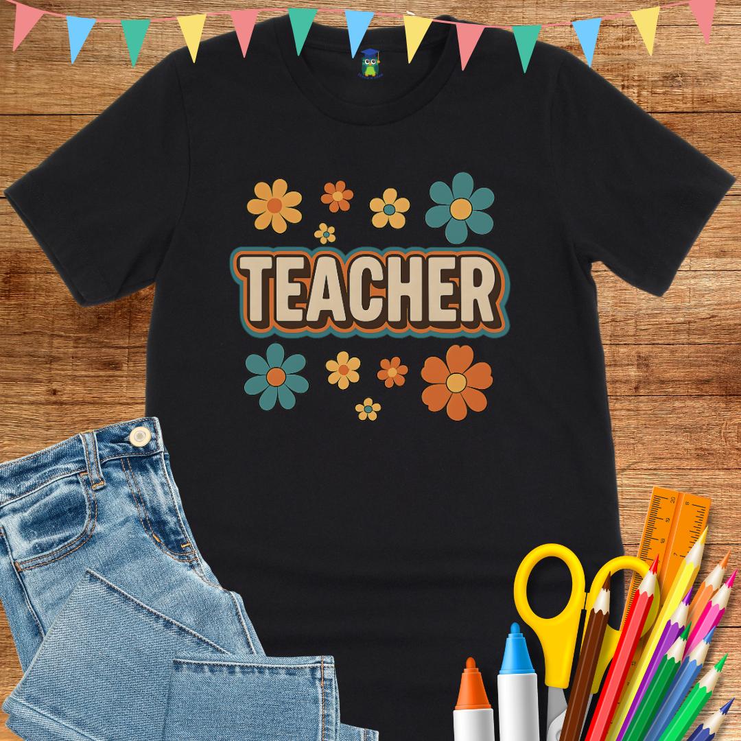 Retro Teacher with Flowers Teacher T-Shirt - teachngear