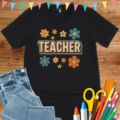 Retro Teacher with Flowers Teacher T-Shirt - teachngear