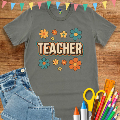 Retro Teacher with Flowers Teacher T-Shirt - teachngear