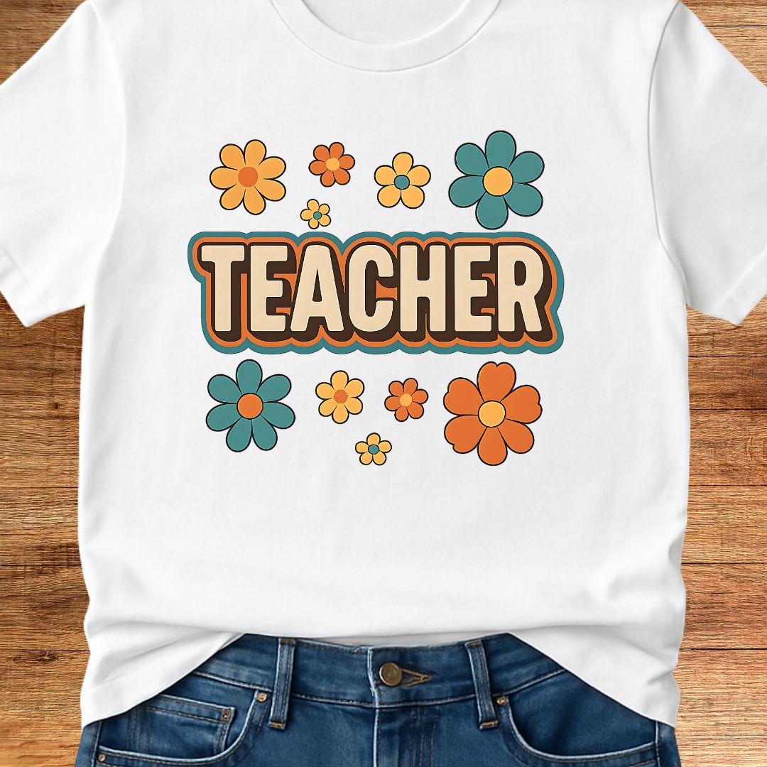 Retro Teacher with Flowers Teacher T-Shirt - teachngear