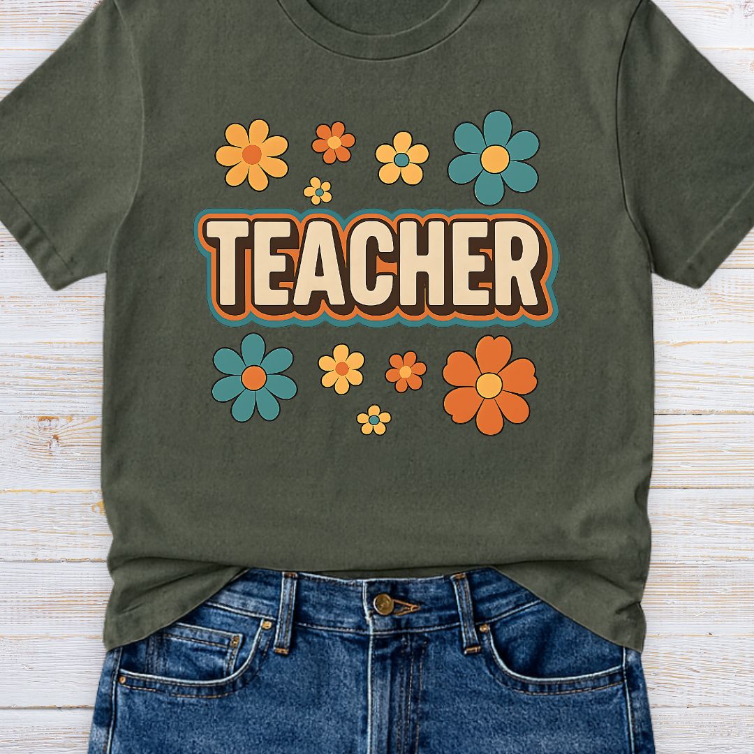 Retro Teacher with Flowers Teacher T-Shirt - teachngear
