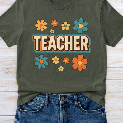 Retro Teacher with Flowers Teacher T-Shirt - teachngear