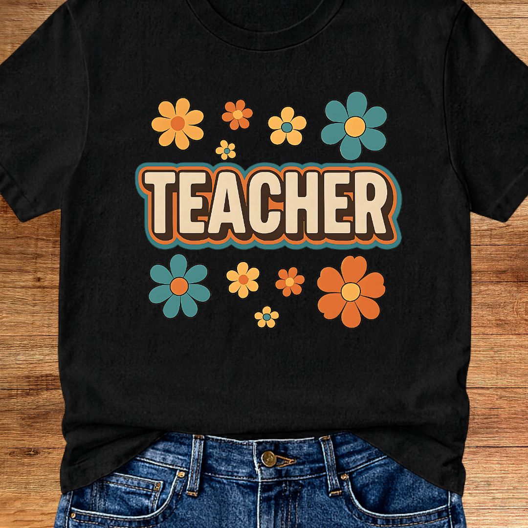 Retro Teacher with Flowers Teacher T-Shirt - teachngear