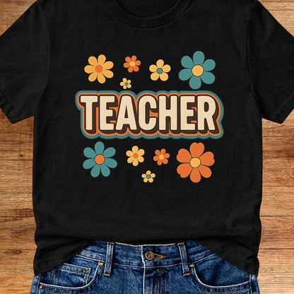 Retro Teacher with Flowers Teacher T-Shirt - teachngear