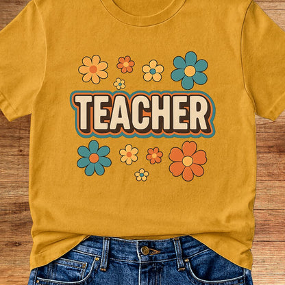 Retro Teacher with Flowers Teacher T-Shirt - teachngear