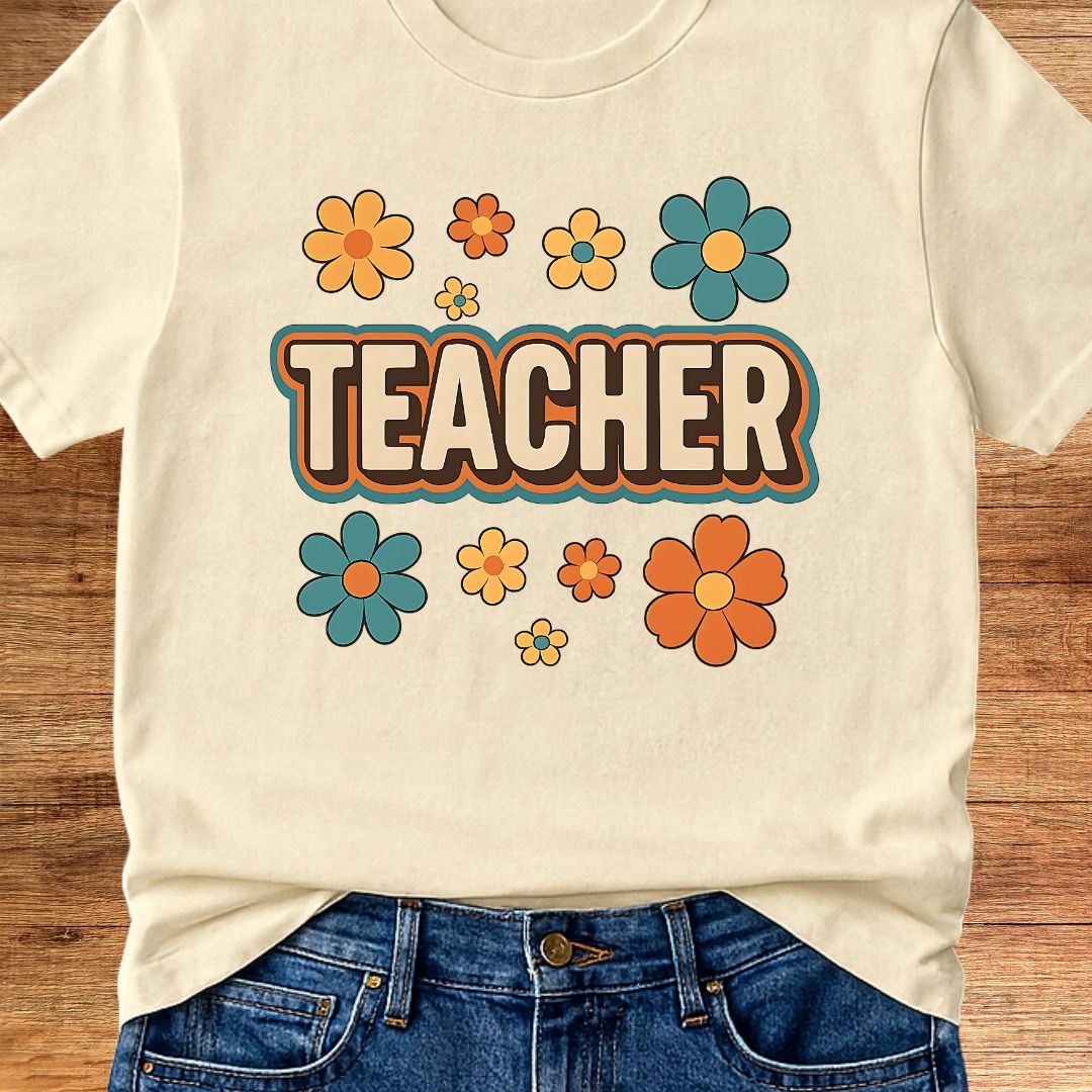 Retro Teacher with Flowers Teacher T-Shirt - teachngear