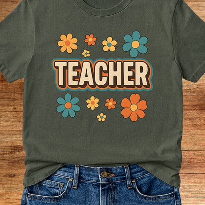 Retro Teacher with Flowers Teacher T-Shirt - teachngear