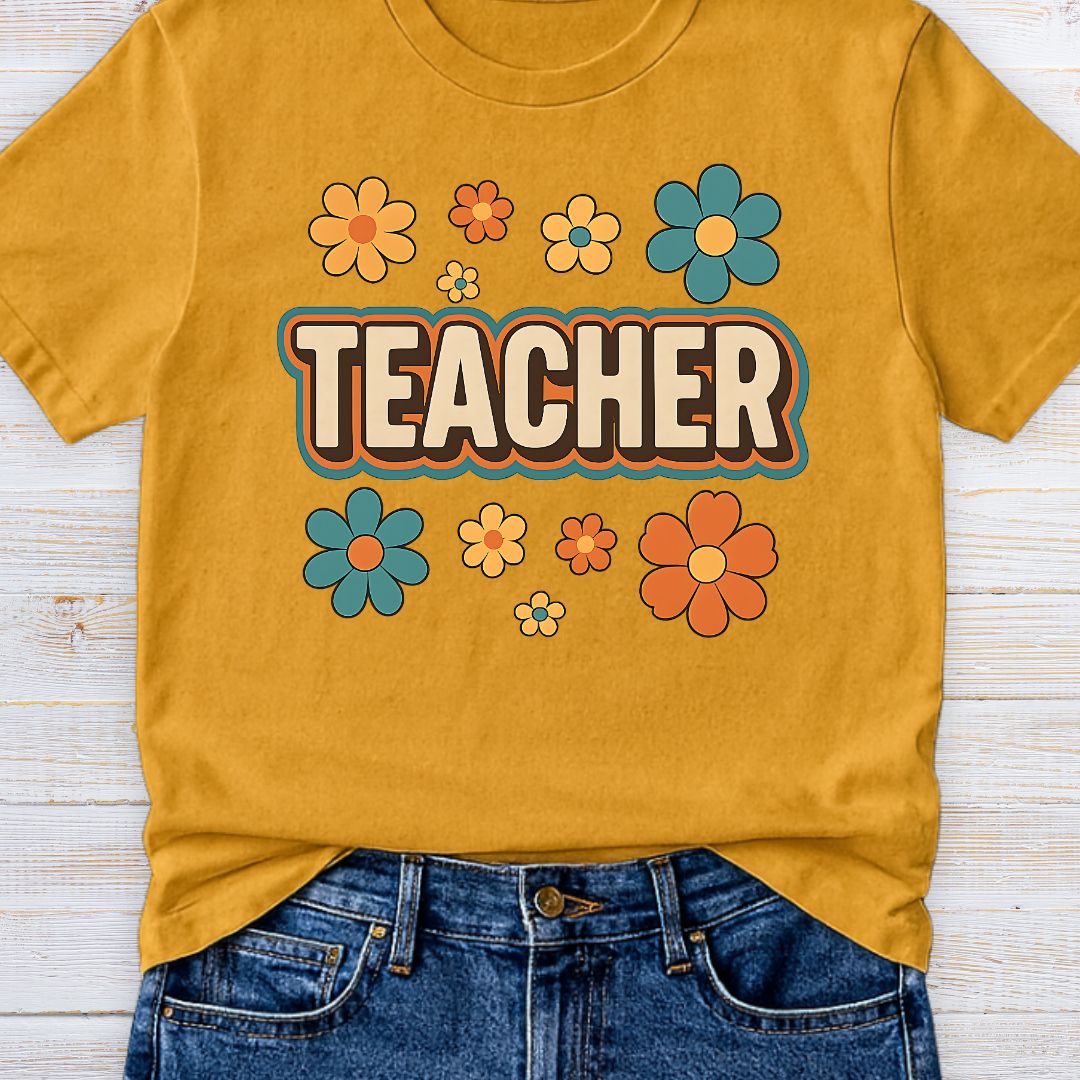 Retro Teacher with Flowers Teacher T-Shirt - teachngear